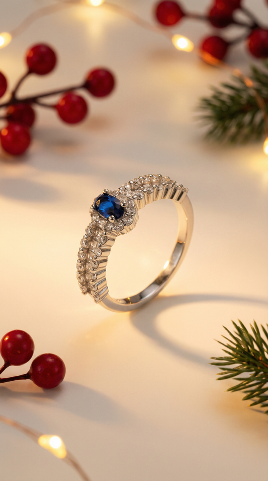 The Belmont Ring - 925 Sterling Silver Blue Stone Ring | Dainty cubic zirconia Pavé Band