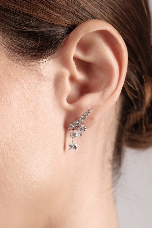 Close-up of Crystal Tear 925 sterling silver drop earrings with pavé cubic zirconia and pear teardrop drops