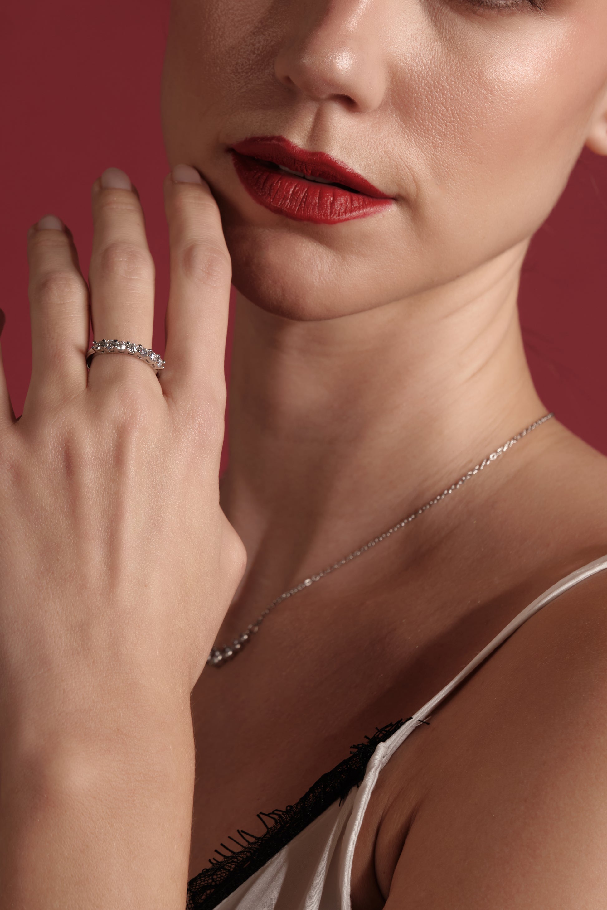 Close-up of Éternelle Row moissanite pavé ring on 925 sterling silver band — elegant eternity style