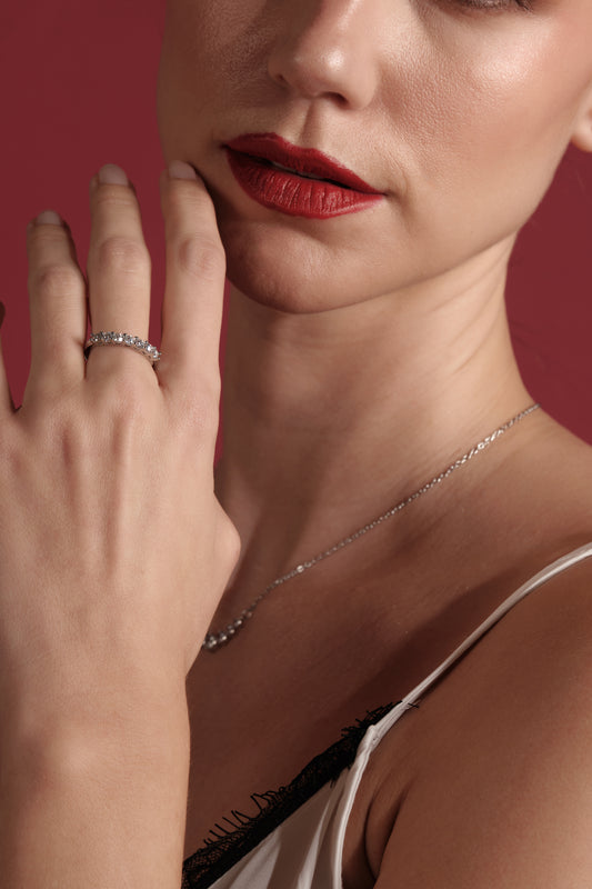 Close-up of Éternelle Row moissanite pavé ring on 925 sterling silver band — elegant eternity style