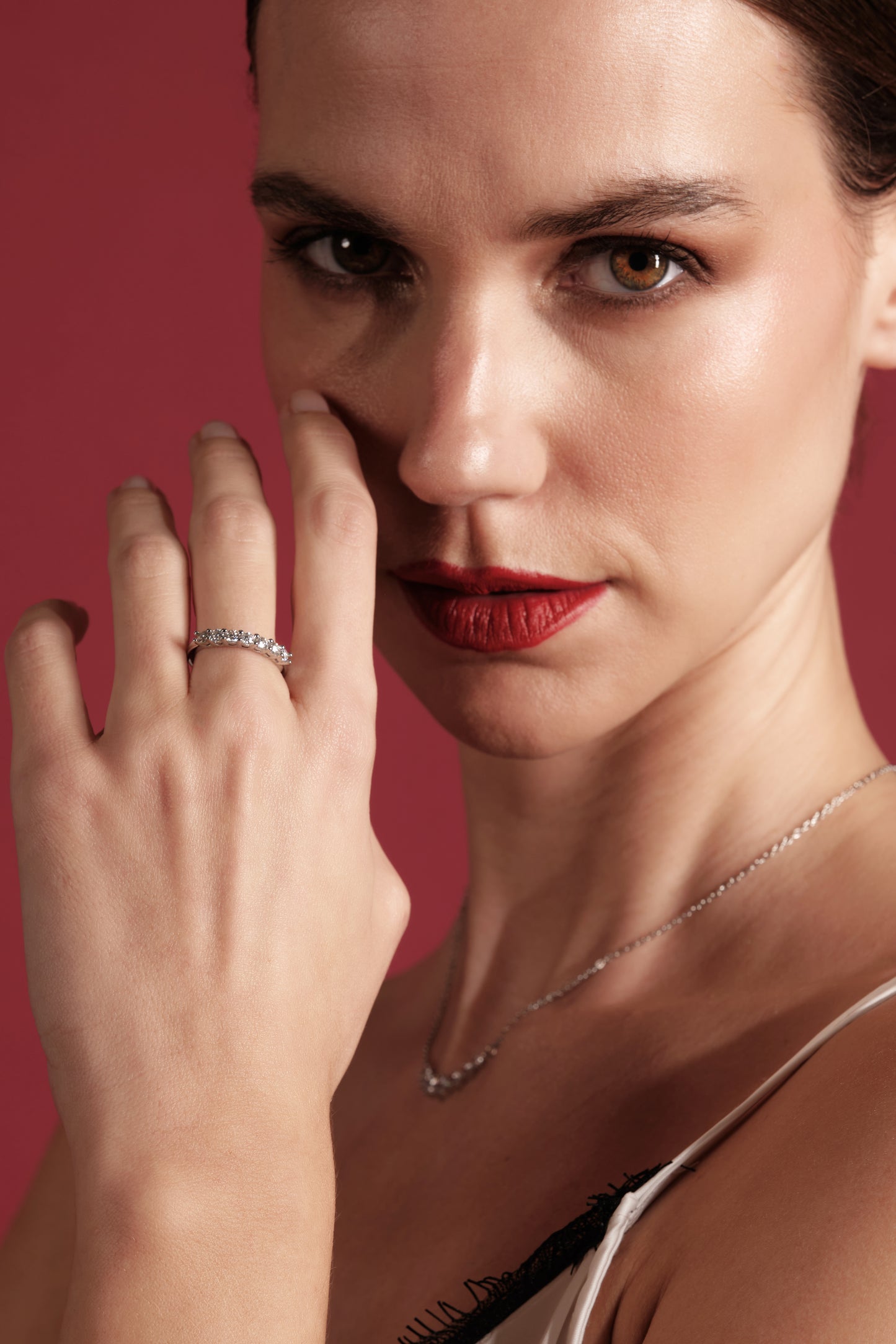 Model wearing Éternelle Row moissanite pavé ring — Belle Époque inspired elegance for Valentines, weddings and refined everyday wear